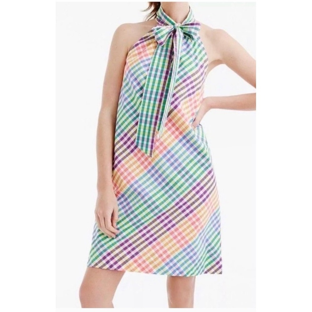 J.Crew Size 00 Dress Rainbow Gingham Tie-Neck Halter Multi-Color Plaid Mini